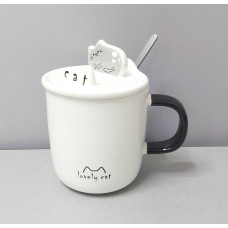 Чашка з кришкою та ложкою керамічна Лінивий Кіт 350 мл Stenson 08030-92