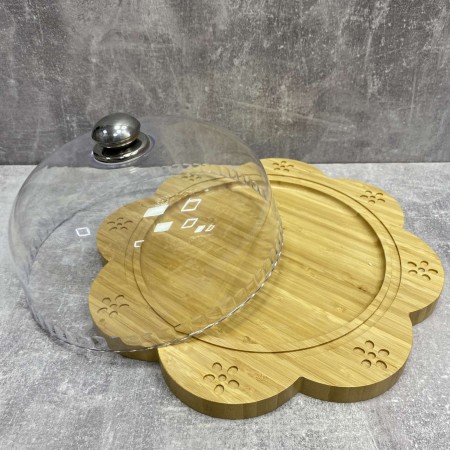 Блюдо для торта бамбукове з пластиковою кришкою Interos PJ02716