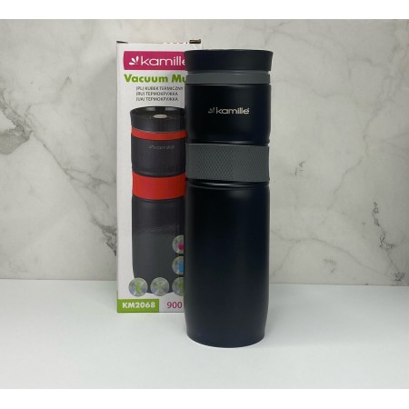 Термочашка Kamille з нержавіючої сталі 900 мл з TPR-вставкою Чорний / Сірий КМ-2068
