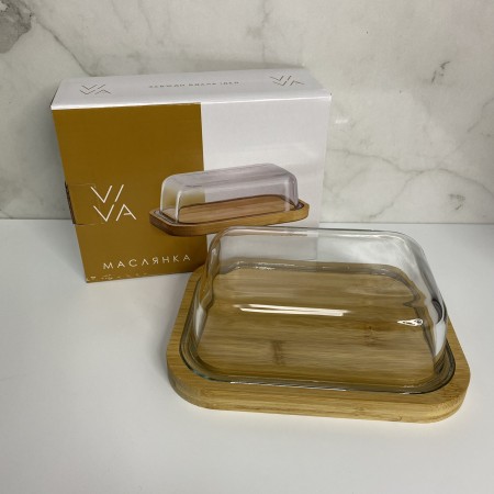 Маслянка скляна на бамбуковій підставці 18,5*14*7 см Viva Bamboo LB-640