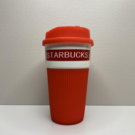 Стакан керамічний з силіконовою кришкою 400 мл Starbucks 9703 червоний з білим