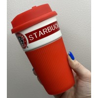 Стакан керамічний з силіконовою кришкою 400 мл Starbucks 9703 червоний з білим