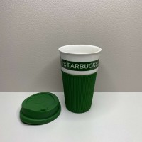 Стакан керамічний з силіконовою кришкою 400 мл Starbucks 9703 зелений з білим