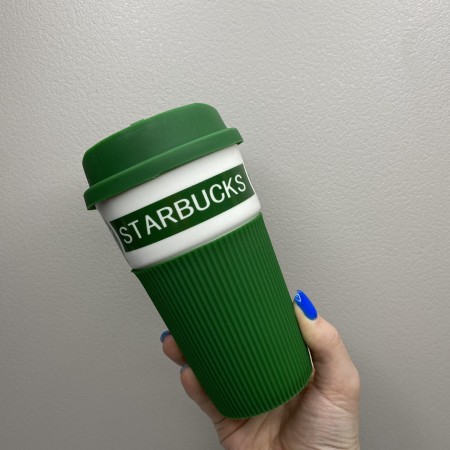 Стакан керамічний з силіконовою кришкою 400 мл Starbucks 9703 зелений з білим