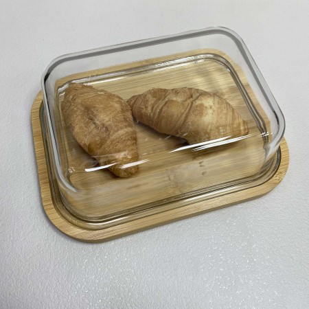 Блюдо-сирниця бамбукова з скляною кришкою 21,4*16,5*6,5 см Olens O102-629
