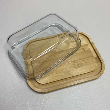 Блюдо-сирниця бамбукова з скляною кришкою 21,4*16,5*6,5 см Olens O102-629