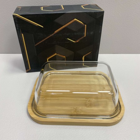 Блюдо-сирниця бамбукова з скляною кришкою 21,4*16,5*6,5 см Olens O102-629