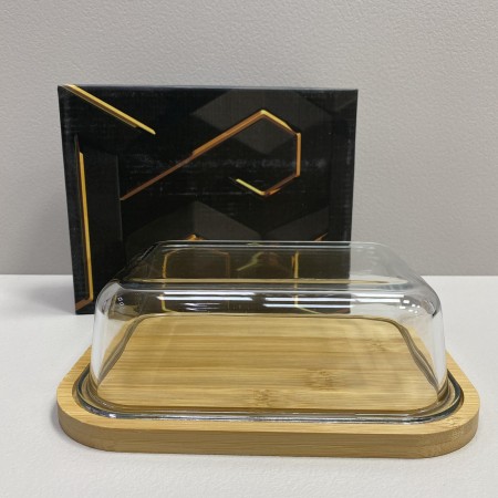 Блюдо-сирниця бамбукова з скляною кришкою 21,4*16,5*6,5 см Olens O102-629