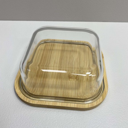 Блюдо-сирниця бамбукова з скляною кришкою 19,2*19,2*7 см Olens O102-628