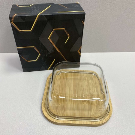 Блюдо-сирниця бамбукова з скляною кришкою 19,2*19,2*7 см Olens O102-628