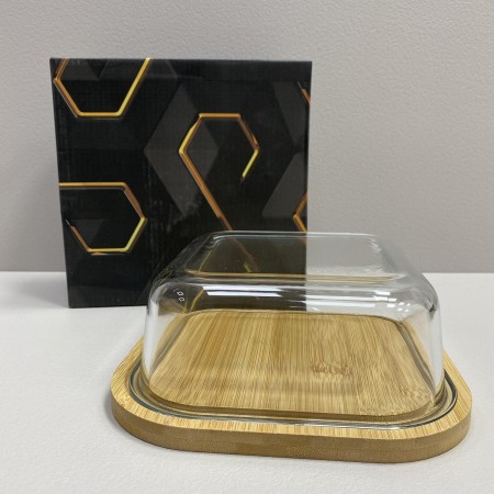 Блюдо-сирниця бамбукова з скляною кришкою 19,2*19,2*7 см Olens O102-628