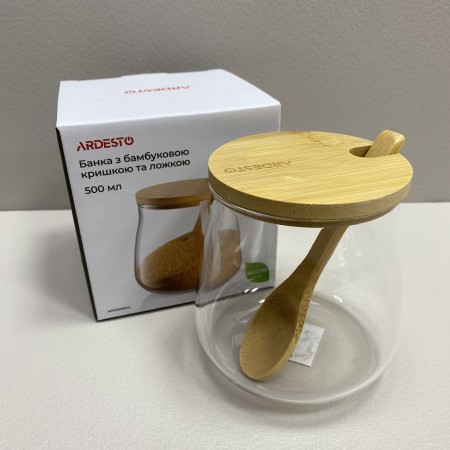 Цукорниця скляна з бамбуковою кришкою і ложкою 500 мл Ardesto AR1350BHS/BHB