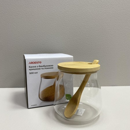 Цукорниця скляна з бамбуковою кришкою і ложкою 500 мл Ardesto AR1350BHS/BHB
