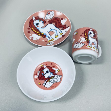 Набір дитячого посуду зі склокераміки 3 предмети Єдиноріг рожевий 3535-8