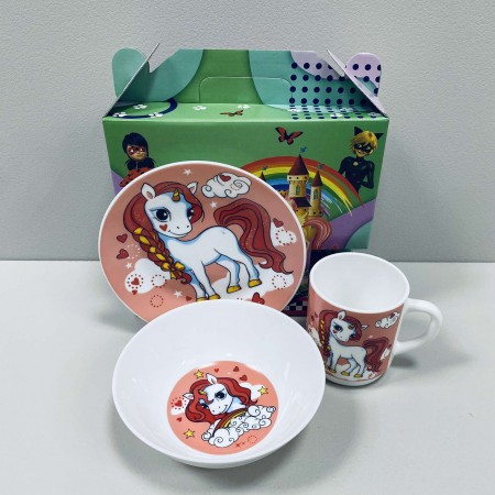 Набір дитячого посуду зі склокераміки 3 предмети Єдиноріг рожевий 3535-8