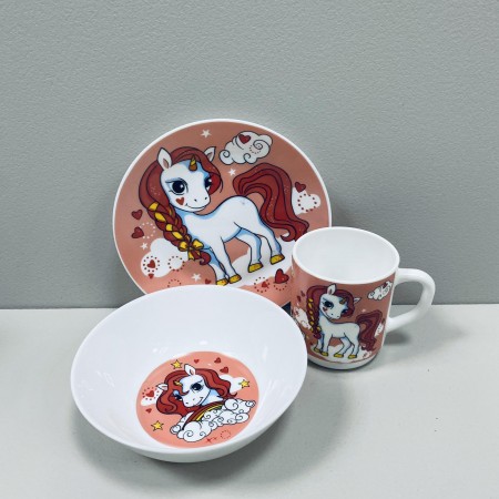 Набір дитячого посуду зі склокераміки 3 предмети Єдиноріг рожевий 3535-8