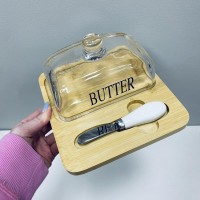 Маслянка скляна на бамбуковій підставці з ножем "Butter" A-Plus 7345