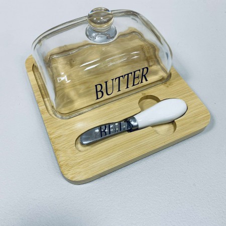 Маслянка скляна на бамбуковій підставці з ножем "Butter" A-Plus 7345