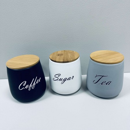 Набір керамічних банок з бамбуковими кришками Sugar, Tea, Coffee 3 шт 1 л 11,5х11,5х13 см BonaDi 304-034