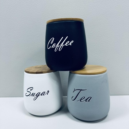 Набір керамічних банок з бамбуковими кришками Sugar, Tea, Coffee 3 шт 1 л 11,5х11,5х13 см BonaDi 304-034