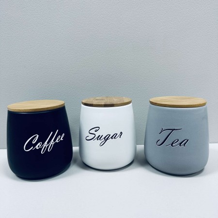 Набір керамічних банок з бамбуковими кришками Sugar, Tea, Coffee 3 шт 1 л 11,5х11,5х13 см BonaDi 304-034