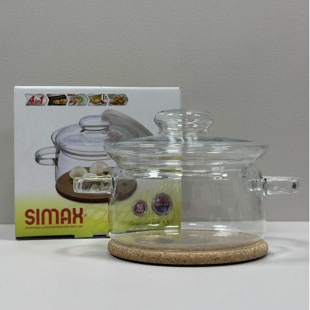 Каструля скляна з пластиковою, скляною кришкою та корковою підставкою 1,5 л Simax Gourmet Color s520/6063