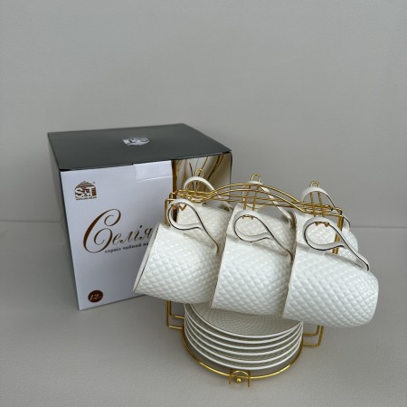 Чайний сервіз порцеляновий на металевій стійці 12 предметів "Селія" (чашка 200 мл, блюдце 13,7 см S&T 15222-00