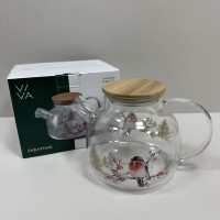 Чайник для заварювання скляний з бабмуковою кришкою 1000 мл Ny Winter Bird Viva T1000/7109503