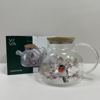 Чайник для заварювання скляний з бабмуковою кришкою 1000 мл Ny Winter Bird Viva T1000/7109503