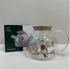 Чайник для заварювання скляний з бабмуковою кришкою 1000 мл Ny Winter Bird Viva T1000/7109503