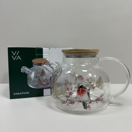 Чайник для заварювання скляний з бабмуковою кришкою 1000 мл Ny Winter Bird Viva T1000/7109503