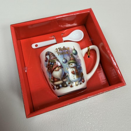 Чашка новорічна з ложкою в подарунковій коробці керамічна 175 мл h-7,5 см, d-7,4 см 1948/3656-3