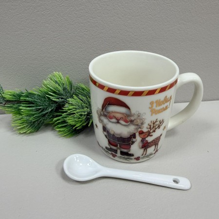 Чашка новорічна з ложкою в подарунковій коробці керамічна 175 мл h-8 см, d-7,3 см 269/3655-3