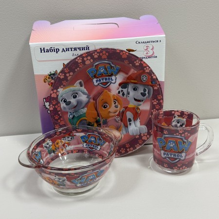 Набір скляного дитячого посуду 3 предмети Щенячий патруль 3535-9