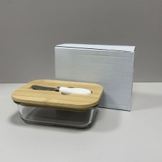 Маслянка скляна з бамбуковою кришкою та ножем 640 мл 17,2х13х6 см Interos LB640/2