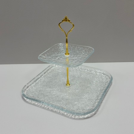 Фруктівниця скляна 2-х ярусна 26,5х26,5х24 см Yujing GlassWare 4033 прозора з золотим