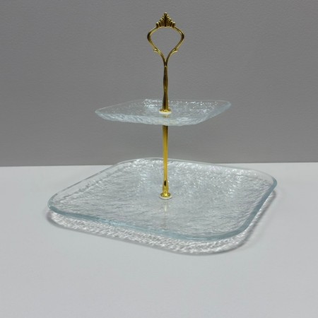 Фруктівниця скляна 2-х ярусна 26,5х26,5х24 см Yujing GlassWare 4033 прозора з золотим