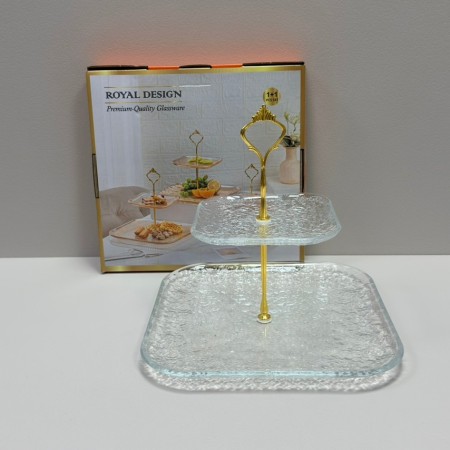 Фруктівниця скляна 2-х ярусна 26,5х26,5х24 см Yujing GlassWare 4033 прозора з золотим