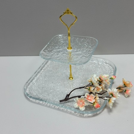 Фруктівниця скляна 2-х ярусна 26,5х26,5х24 см Yujing GlassWare 4033 прозора з золотим