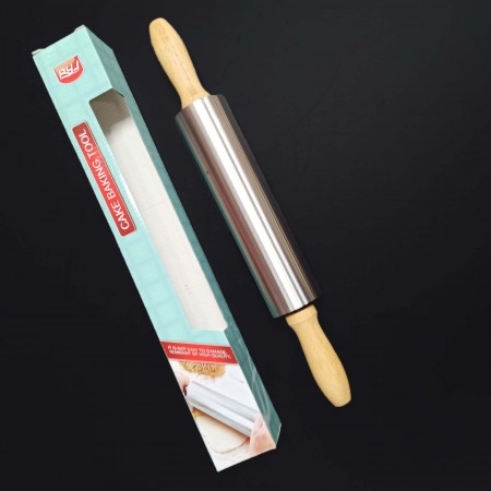 Дерев'яна скалка з робочою поверхнею з нержавіючої сталі 38 см RYJ 3203